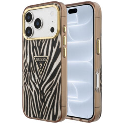 Husa Guess Zebra Glitter Triangle Logo MagSafe iPhone 18 Pro cu sclipici, negru/auriu, GUHMP18L6HZPGTLD
