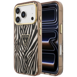 Husa Guess Zebra Glitter Triangle Logo MagSafe iPhone 17 Pro cu sclipici, negru/auriu, GUHMP18L6HZPGTLD