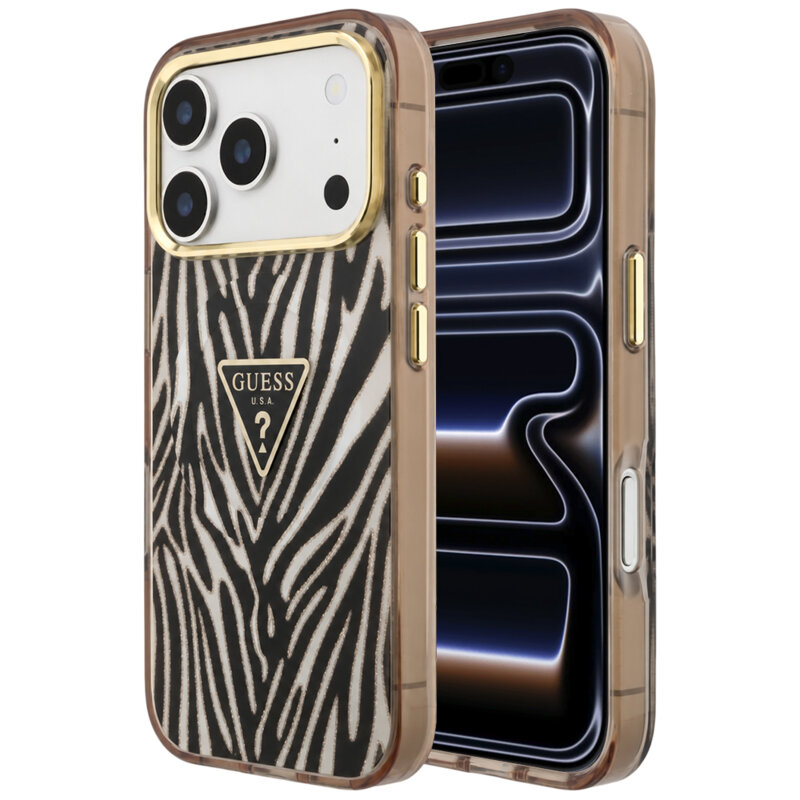 Husa Guess Zebra Glitter Triangle Logo MagSafe iPhone 17 Pro cu sclipici, negru/auriu, GUHMP18L6HZPGTLD