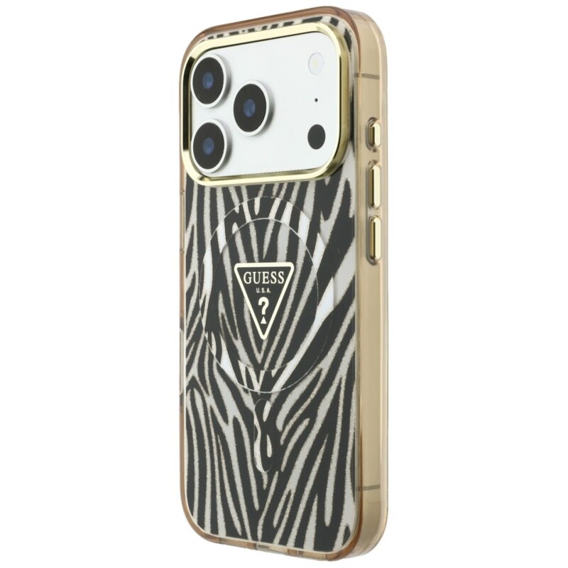 Husa Guess Zebra Glitter Triangle Logo MagSafe iPhone 17 Pro cu sclipici, negru/auriu, GUHMP18L6HZPGTLD