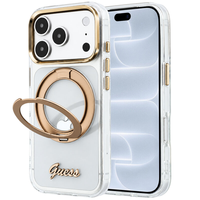 Husa Guess iPhone 18 Pro Ring Stand Script Metal Logo MagSafe, transparenta, GUHMP18L6HCCMST