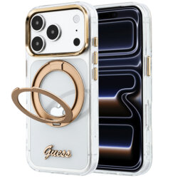 Husa Guess iPhone 17 Pro Ring Stand Script Metal Logo MagSafe, transparenta, GUHMP18L6HCCMST