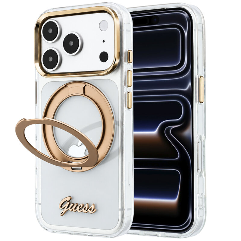 Husa Guess iPhone 17 Pro Ring Stand Script Metal Logo MagSafe, transparenta, GUHMP18L6HCCMST