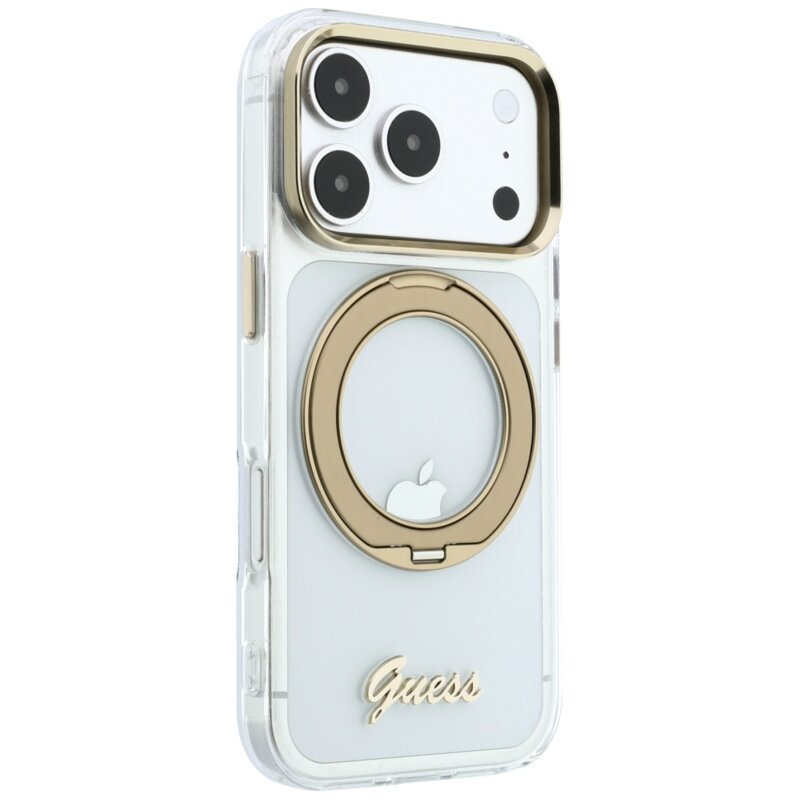 Husa Guess iPhone 17 Pro Ring Stand Script Metal Logo MagSafe, transparenta, GUHMP18L6HCCMST