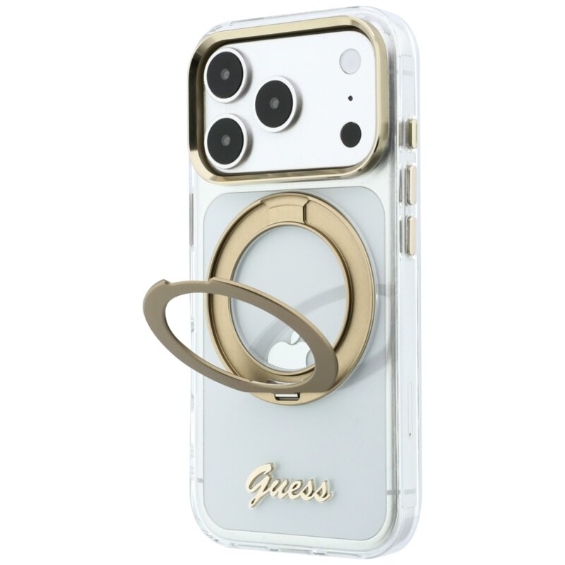 Husa Guess iPhone 17 Pro Ring Stand Script Metal Logo MagSafe, transparenta, GUHMP18L6HCCMST