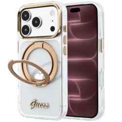 Husa Guess iPhone 18 Pro Max Ring Stand Script Metal Logo MagSafe, transparenta, GUHMP18X6HCCMST