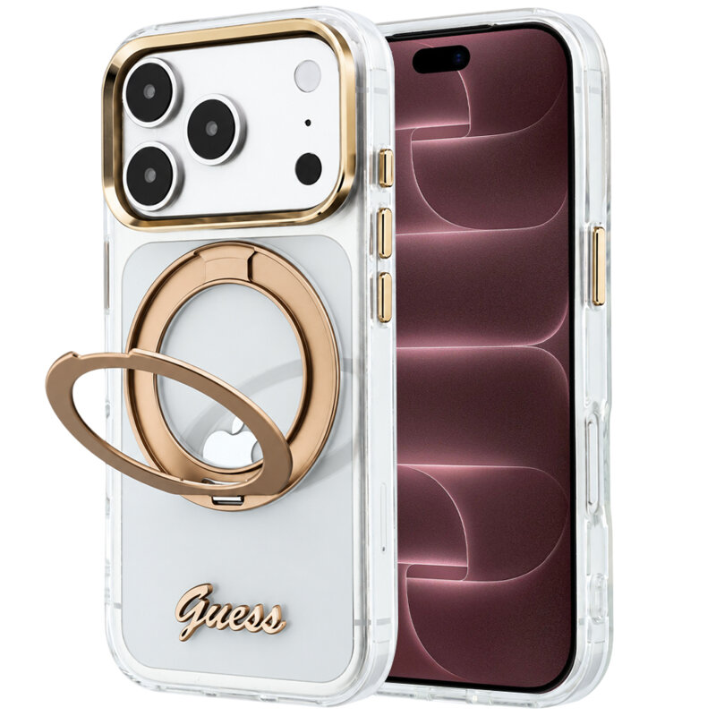 Husa Guess iPhone 18 Pro Max Ring Stand Script Metal Logo MagSafe, transparenta, GUHMP18X6HCCMST