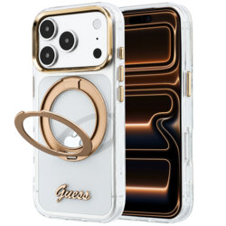 Husa Guess iPhone 17 Pro Max Ring Stand Script Metal Logo MagSafe, transparenta, GUHMP18X6HCCMST