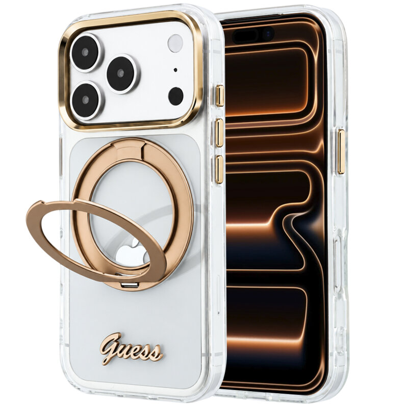 Husa Guess iPhone 17 Pro Max Ring Stand Script Metal Logo MagSafe, transparenta, GUHMP18X6HCCMST