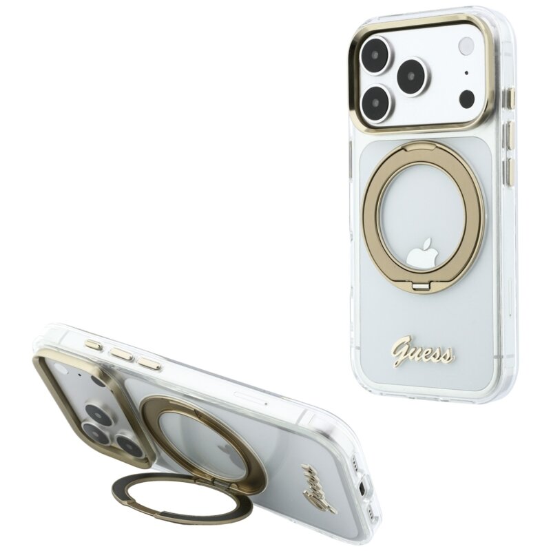 Husa Guess iPhone 17 Pro Max Ring Stand Script Metal Logo MagSafe, transparenta, GUHMP18X6HCCMST