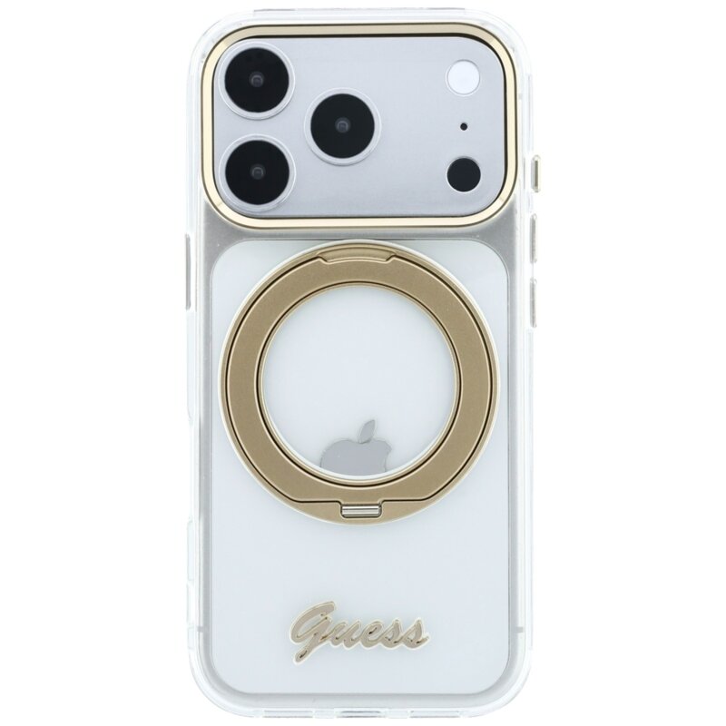 Husa Guess iPhone 17 Pro Max Ring Stand Script Metal Logo MagSafe, transparenta, GUHMP18X6HCCMST