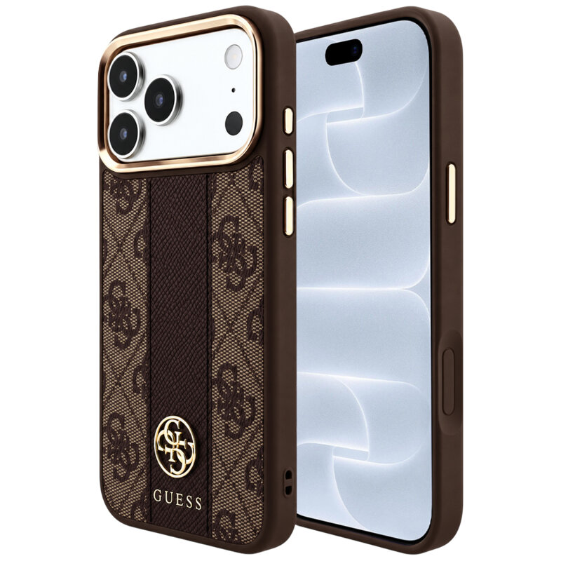 Husa Guess iPhone 18 Pro Leather 4G Stripe Round Classic Logo MagSafe, maro, GUHMP18L6P4G4RCW