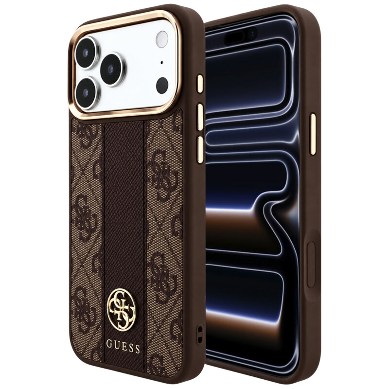 Husa Guess iPhone 17 Pro Leather 4G Stripe Round Classic Logo MagSafe, maro, GUHMP18L6P4G4RCW