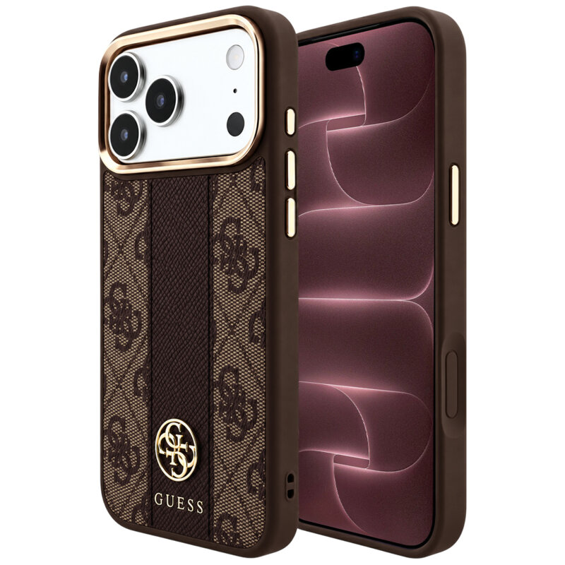 Husa Guess iPhone 18 Pro Max Leather 4G Stripe Round Classic Logo MagSafe, maro, GUHMP18X6P4G4RCW