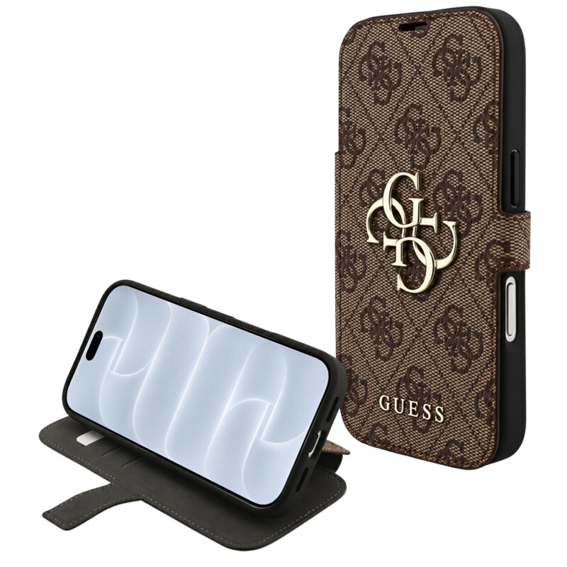Husa tip carte iPhone 18 Pro Guess Book 4G Metal Logo, maro, GUBKP18L4GMGBR