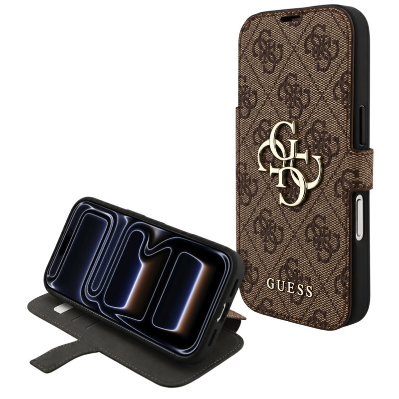 Husa tip carte iPhone 17 Pro Guess Book 4G Metal Logo, maro, GUBKP18L4GMGBR