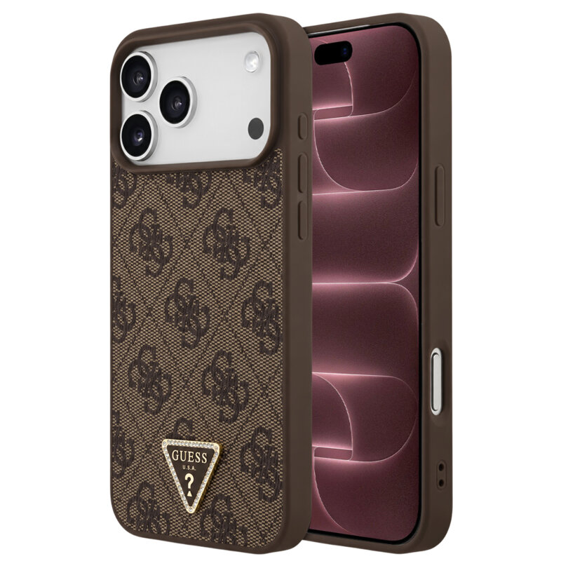Husa iPhone 18 Pro Max Guess Leather 4G Triangle Strass MagSafe, maro, GUHMP18XP4TDPW