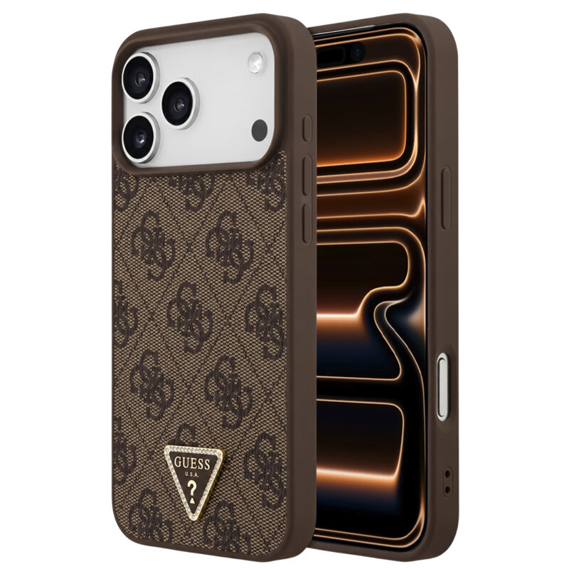 Husa iPhone 17 Pro Max Guess Leather 4G Triangle Strass MagSafe, maro, GUHMP18XP4TDPW