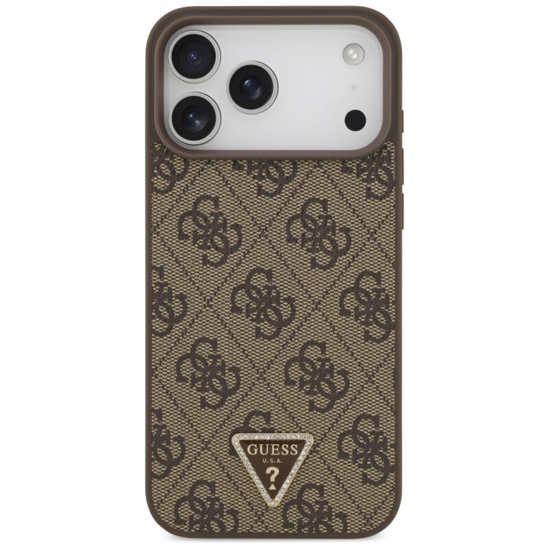 Husa iPhone 17 Pro Max Guess Leather 4G Triangle Strass MagSafe, maro, GUHMP18XP4TDPW