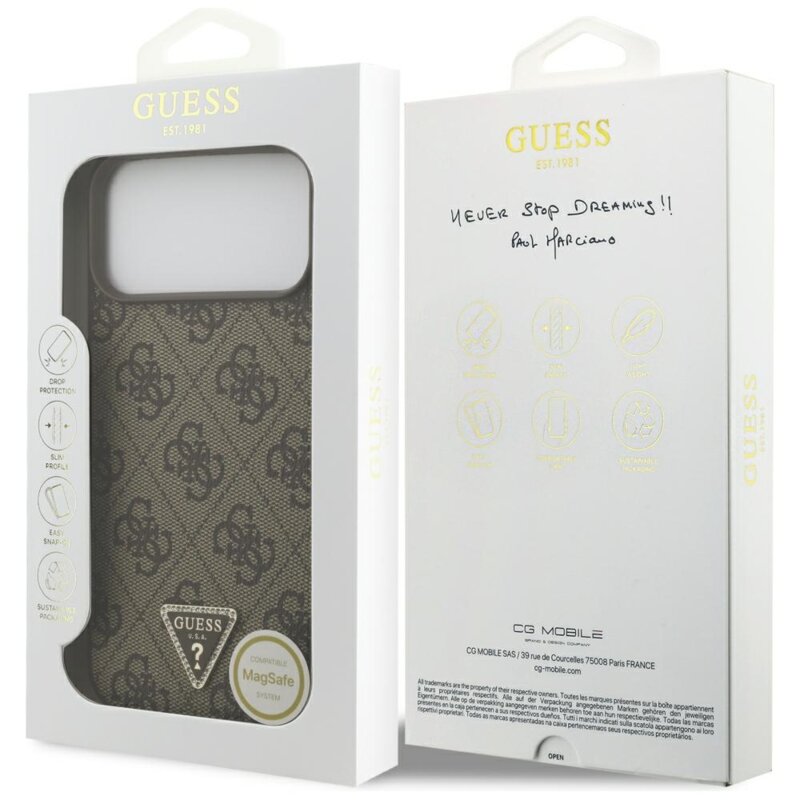 Husa iPhone 17 Pro Max Guess Leather 4G Triangle Strass MagSafe, maro, GUHMP18XP4TDPW