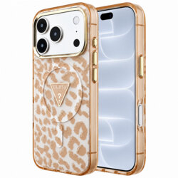 Husa Guess Leopard Glitter Triangle Logo MagSafe iPhone 18 Pro cu sclipici, maro, GUHMP18LHLEGTGLW