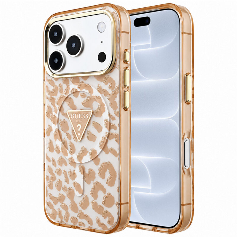 Husa Guess Leopard Glitter Triangle Logo MagSafe iPhone 18 Pro cu sclipici, maro, GUHMP18LHLEGTGLW