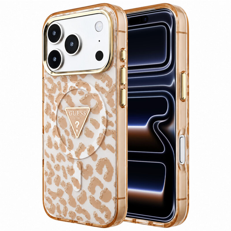 Husa Guess Leopard Glitter Triangle Logo MagSafe iPhone 17 Pro cu sclipici, maro, GUHMP18LHLEGTGLW
