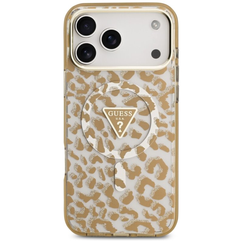 Husa Guess Leopard Glitter Triangle Logo MagSafe iPhone 17 Pro cu sclipici, maro, GUHMP18LHLEGTGLW