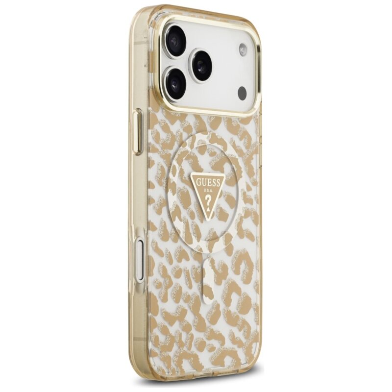 Husa Guess Leopard Glitter Triangle Logo MagSafe iPhone 17 Pro cu sclipici, maro, GUHMP18LHLEGTGLW