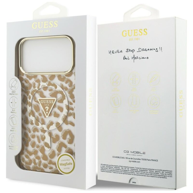 Husa Guess Leopard Glitter Triangle Logo MagSafe iPhone 17 Pro cu sclipici, maro, GUHMP18LHLEGTGLW