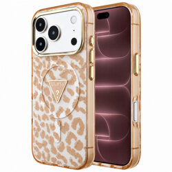 Husa Guess Leopard Glitter Triangle Logo MagSafe iPhone 18 Pro Max cu sclipici, maro, GUHMP18XHLEGTGLW