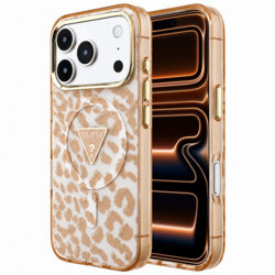 Husa Guess Leopard Glitter Triangle Logo MagSafe iPhone 17 Pro Max cu sclipici, maro, GUHMP18XHLEGTGLW