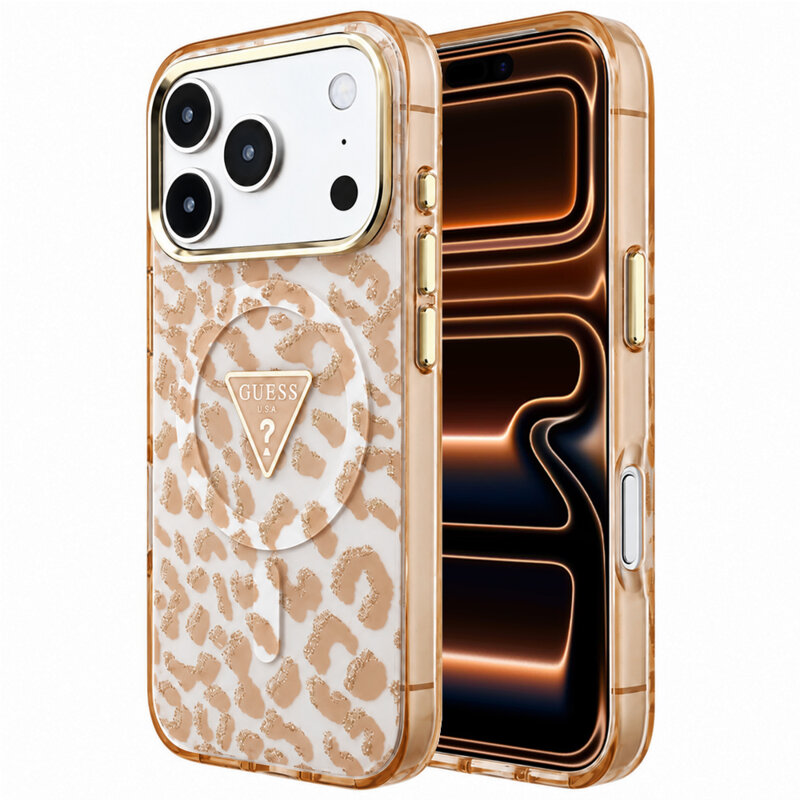 Husa Guess Leopard Glitter Triangle Logo MagSafe iPhone 17 Pro Max cu sclipici, maro, GUHMP18XHLEGTGLW