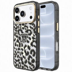 Husa Guess Leopard Glitter Triangle Logo MagSafe iPhone 18 Pro cu sclipici, negru, GUHMP18LHLEGTGLK