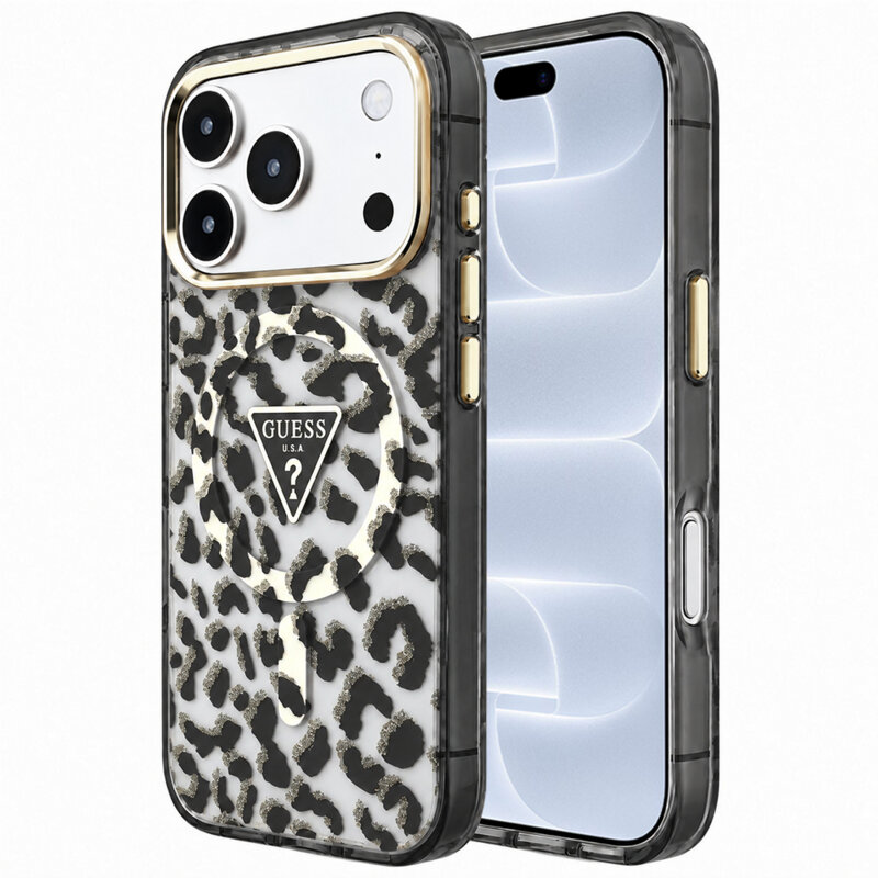 Husa Guess Leopard Glitter Triangle Logo MagSafe iPhone 18 Pro cu sclipici, negru, GUHMP18LHLEGTGLK