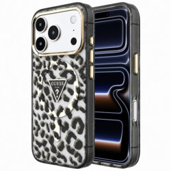 Husa Guess Leopard Glitter Triangle Logo MagSafe iPhone 17 Pro cu sclipici, negru, GUHMP18LHLEGTGLK