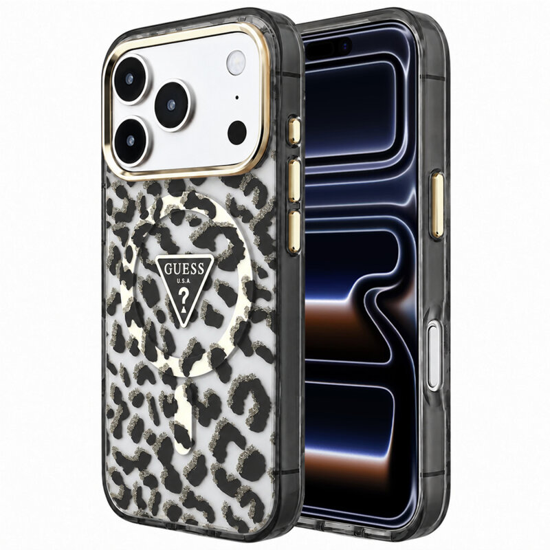 Husa Guess Leopard Glitter Triangle Logo MagSafe iPhone 17 Pro cu sclipici, negru, GUHMP18LHLEGTGLK