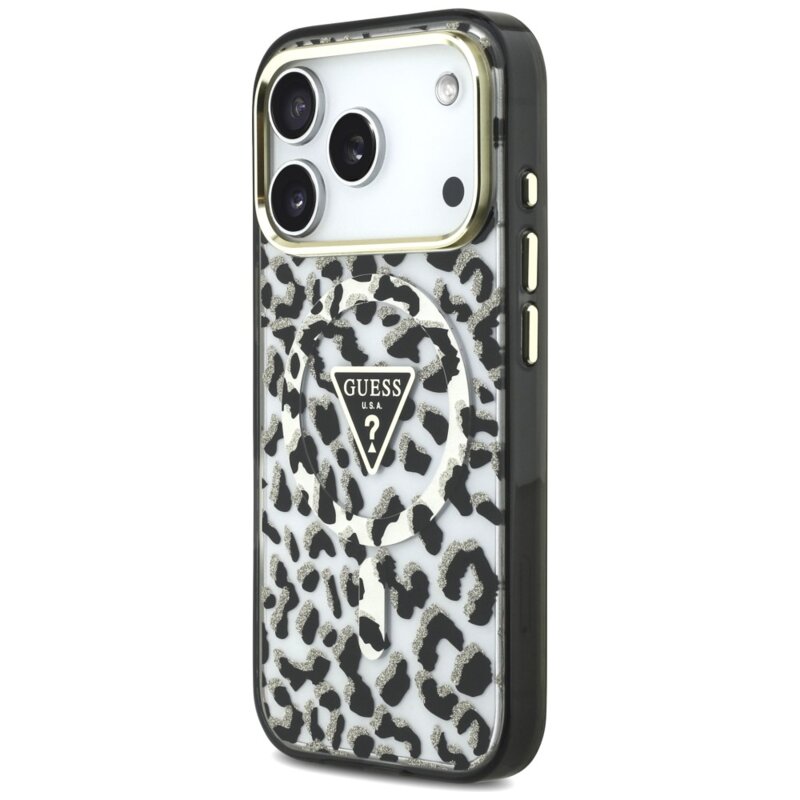 Husa Guess Leopard Glitter Triangle Logo MagSafe iPhone 17 Pro cu sclipici, negru, GUHMP18LHLEGTGLK