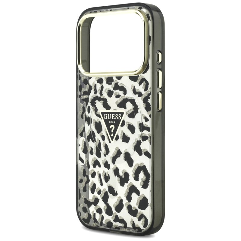 Husa Guess Leopard Glitter Triangle Logo MagSafe iPhone 17 Pro cu sclipici, negru, GUHMP18LHLEGTGLK