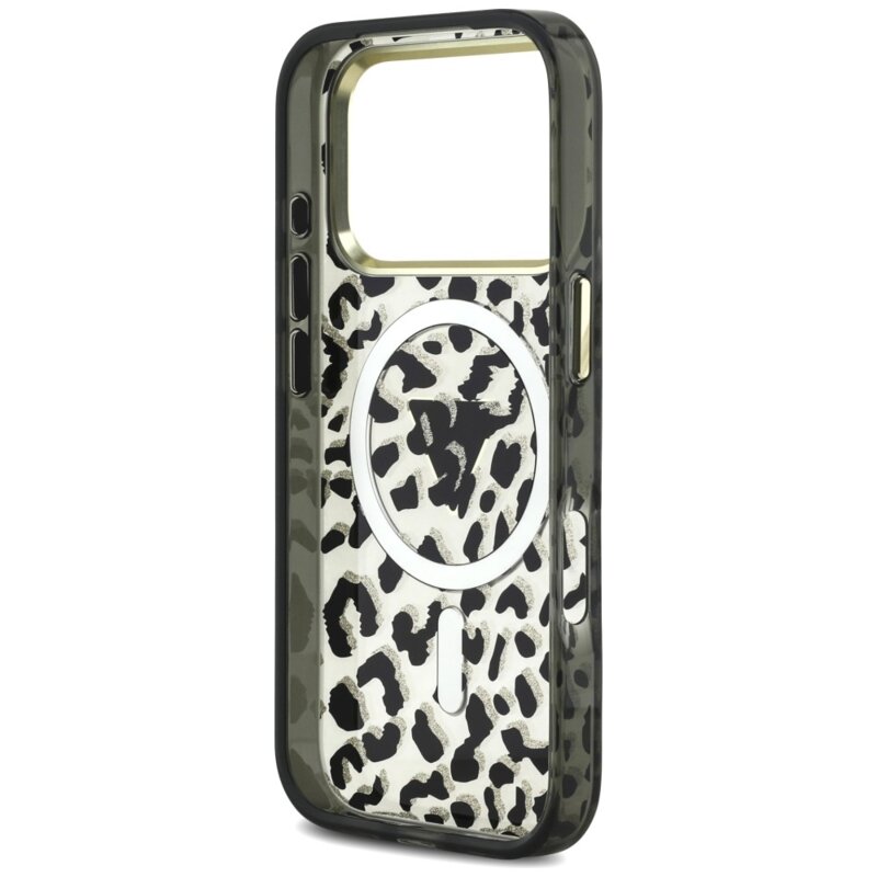 Husa Guess Leopard Glitter Triangle Logo MagSafe iPhone 17 Pro cu sclipici, negru, GUHMP18LHLEGTGLK