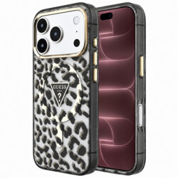 Husa Guess Leopard Glitter Triangle Logo MagSafe iPhone 18 Pro Max cu sclipici, negru, GUHMP18XHLEGTGLK