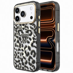 Husa Guess Leopard Glitter Triangle Logo MagSafe iPhone 17 Pro Max cu sclipici, negru, GUHMP18XHLEGTGLK