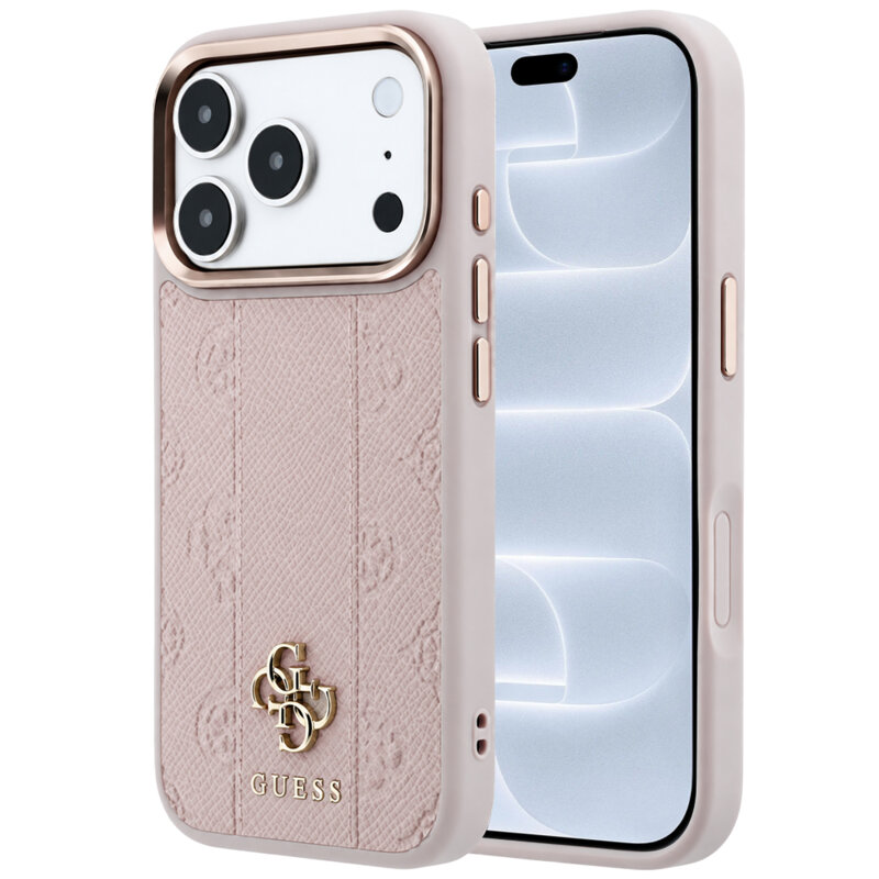Husa iPhone 18 Pro Guess Leather Stripe Peony 4G MagSafe, roz, GUHMP18X6PGSU4EP