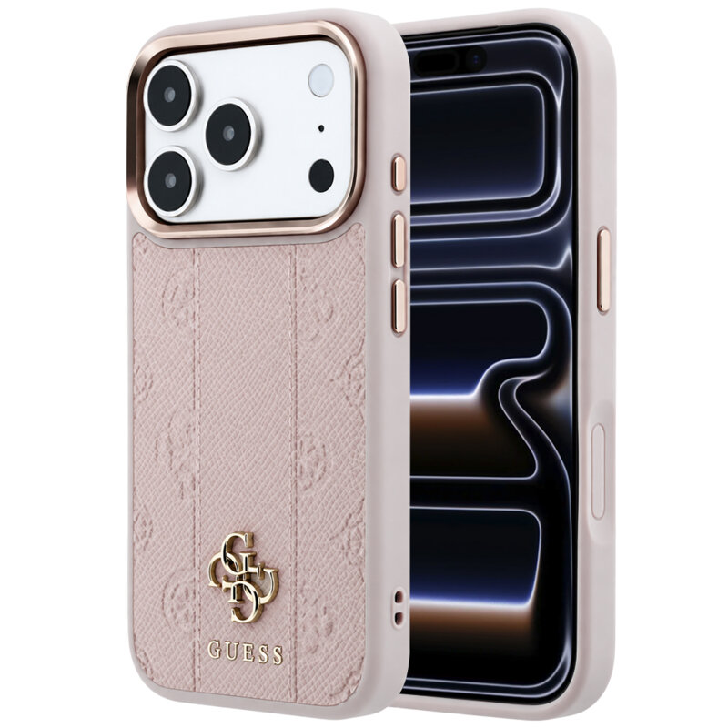 Husa iPhone 17 Pro Guess Leather Stripe Peony 4G MagSafe, roz, GUHMP18X6PGSU4EP