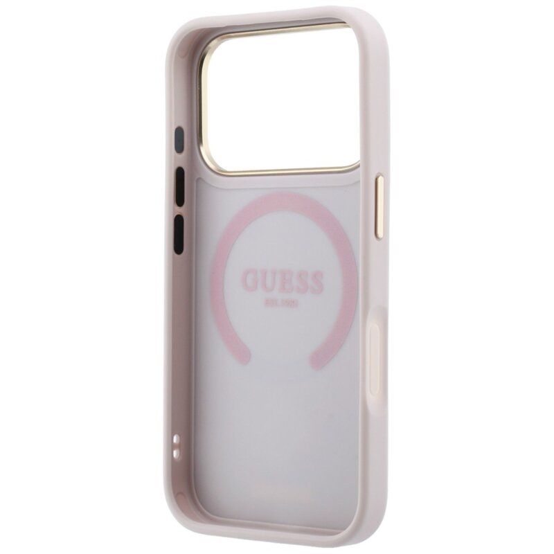 Husa iPhone 17 Pro Guess Leather Stripe Peony 4G MagSafe, roz, GUHMP18X6PGSU4EP