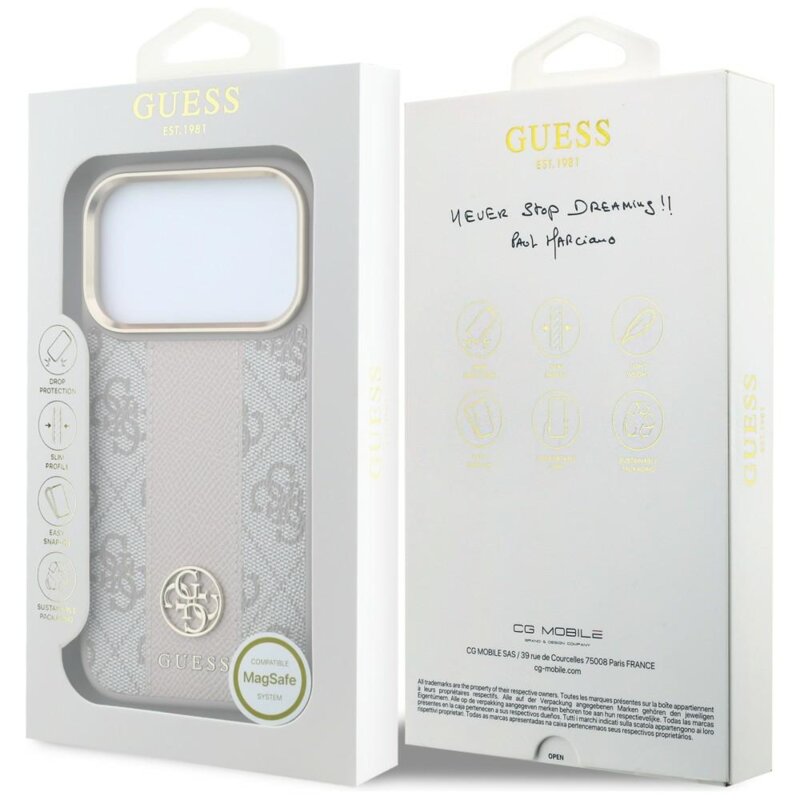 Husa Guess iPhone 17 Pro Leather 4G Stripe Round Classic Logo MagSafe, roz, GUHMP18L6P4G4RCP