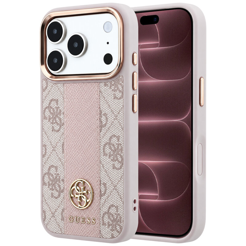 Husa Guess iPhone 18 Pro Max Leather 4G Stripe Round Classic Logo MagSafe, roz, GUHMP18X6P4G4RCP