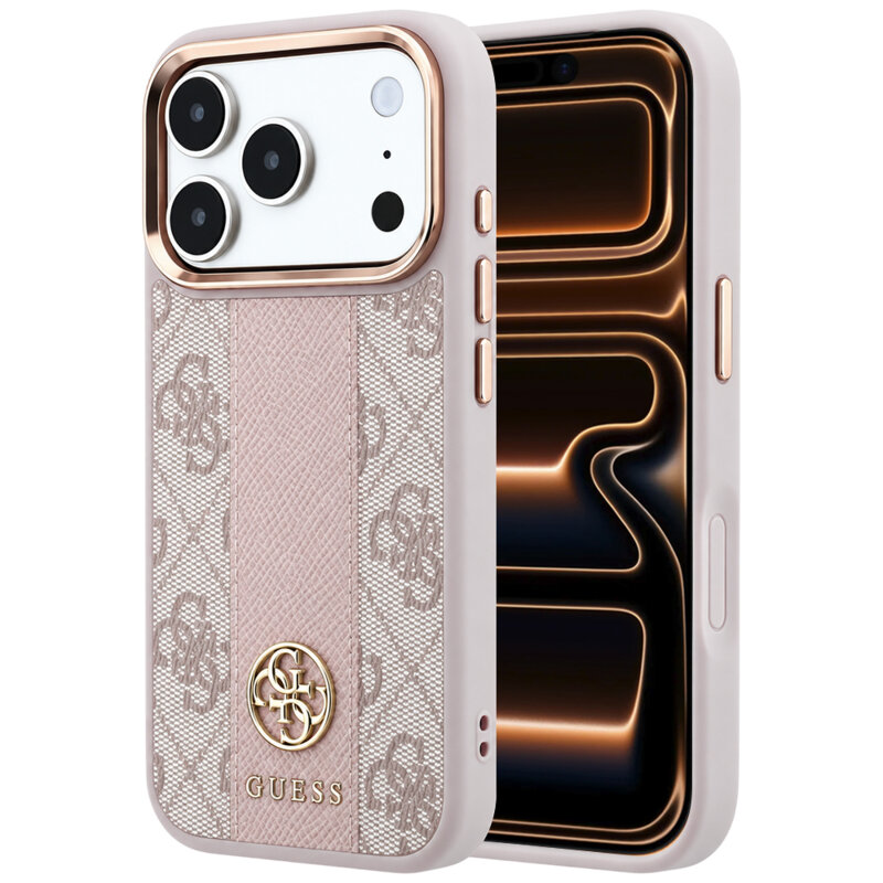 Husa Guess iPhone 17 Pro Max Leather 4G Stripe Round Classic Logo MagSafe, roz, GUHMP18X6P4G4RCP