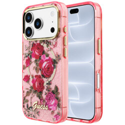 Husa iPhone 18 Pro originala Guess IML Glitter Blossom Roses MagSafe, roz, GUHMP18L6HTBGSLP