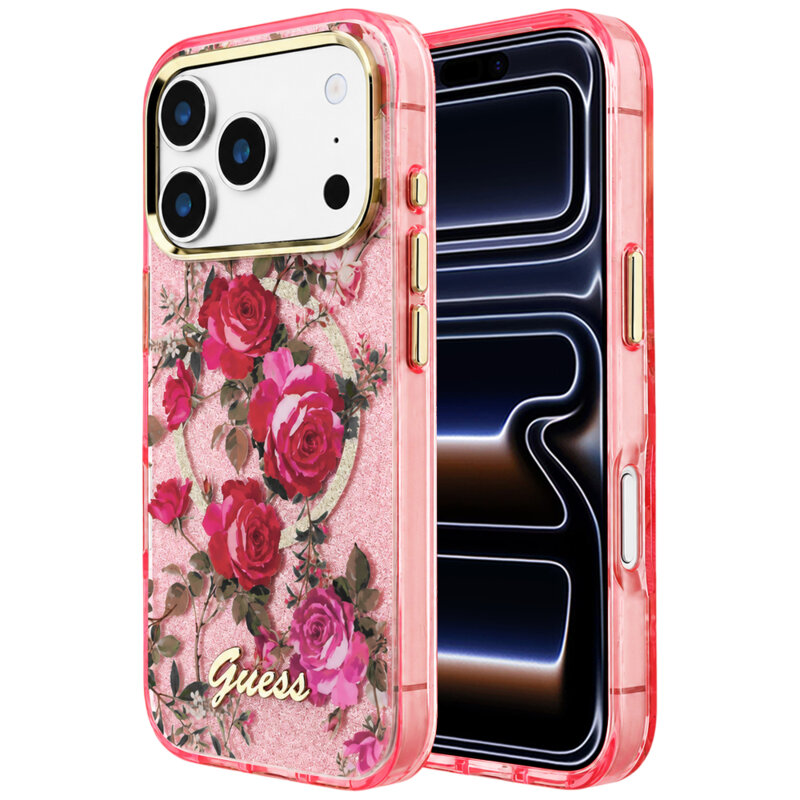 Husa iPhone 17 Pro originala Guess IML Glitter Blossom Roses MagSafe, roz, GUHMP18L6HTBGSLP